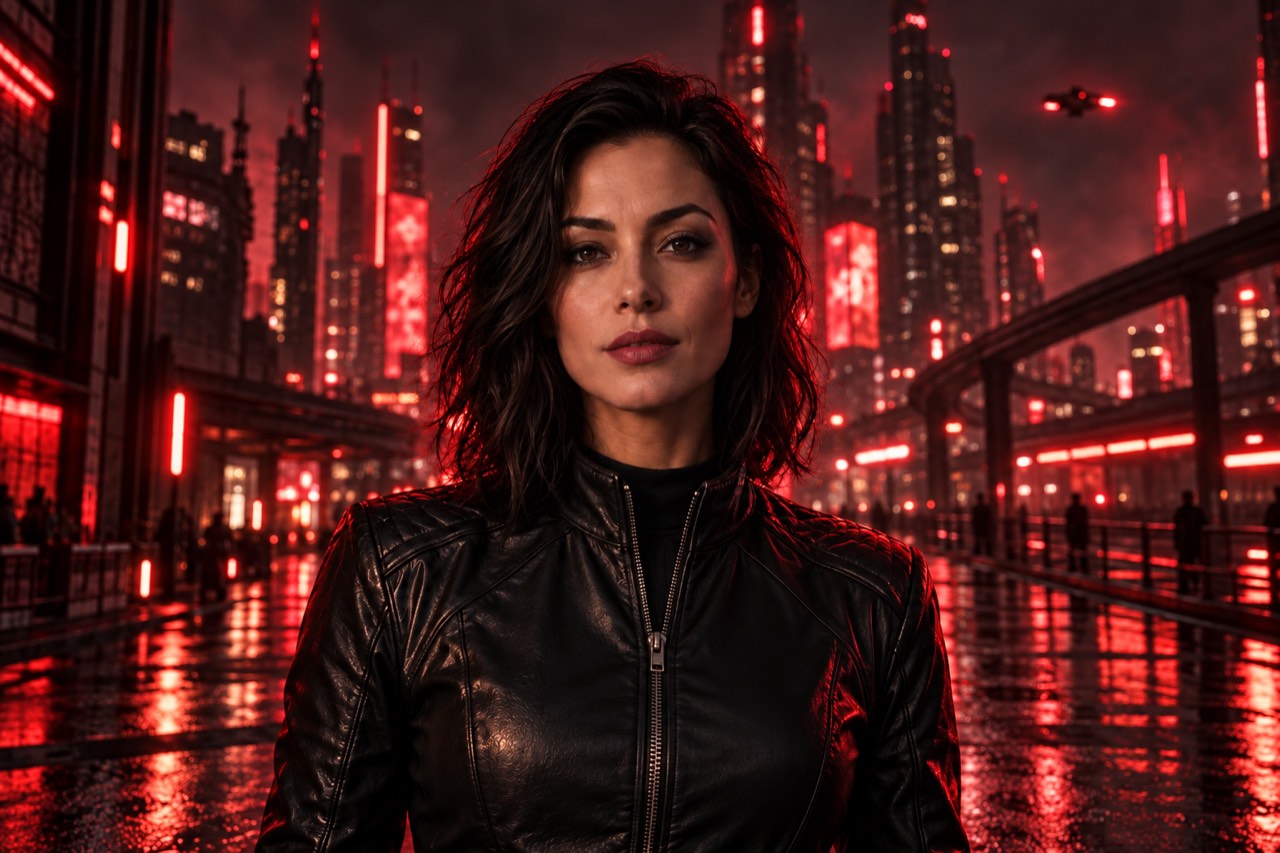 The same fictional character with crimson neon lighting