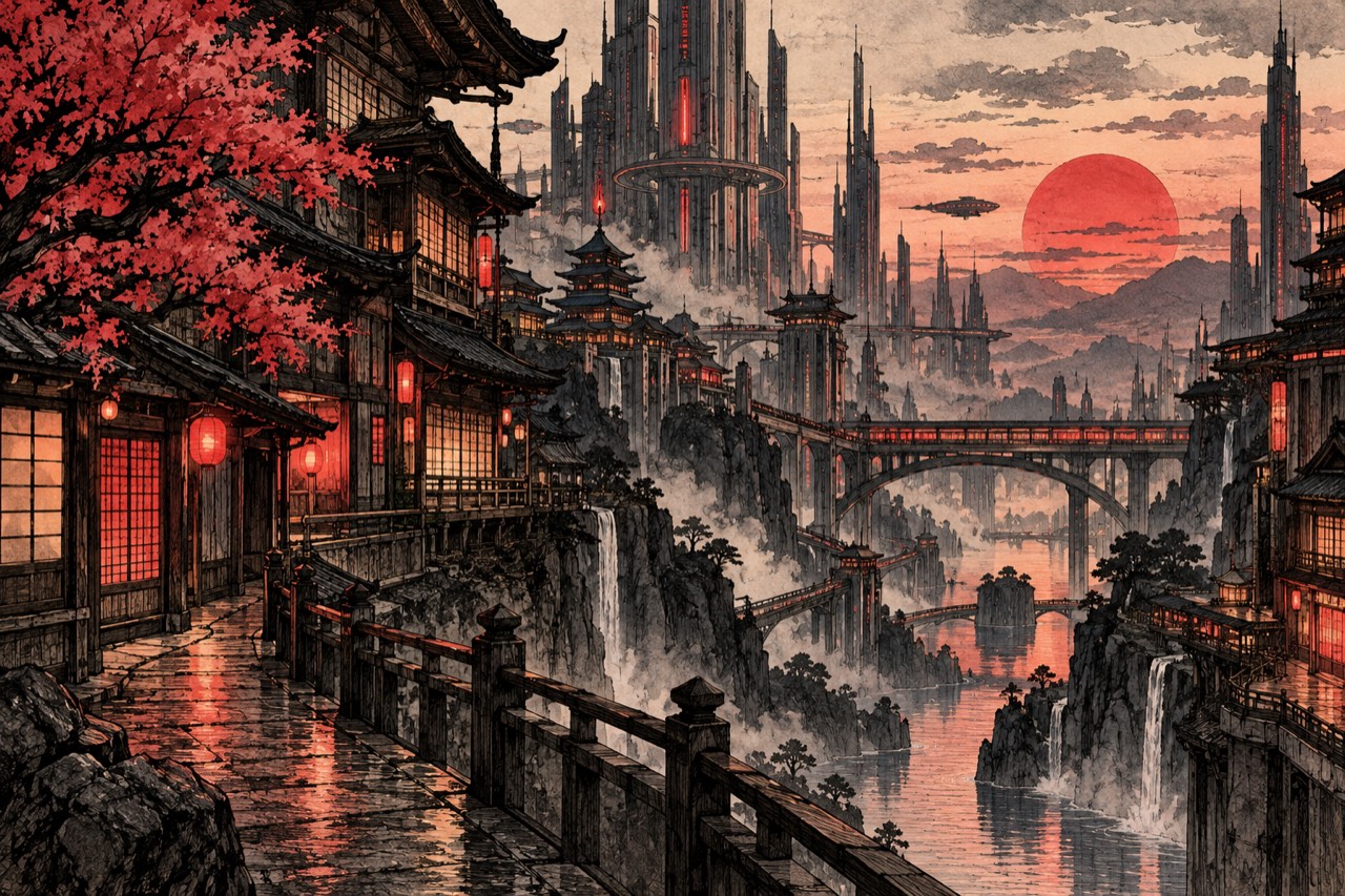 Hand-drawn futuristic city illustration