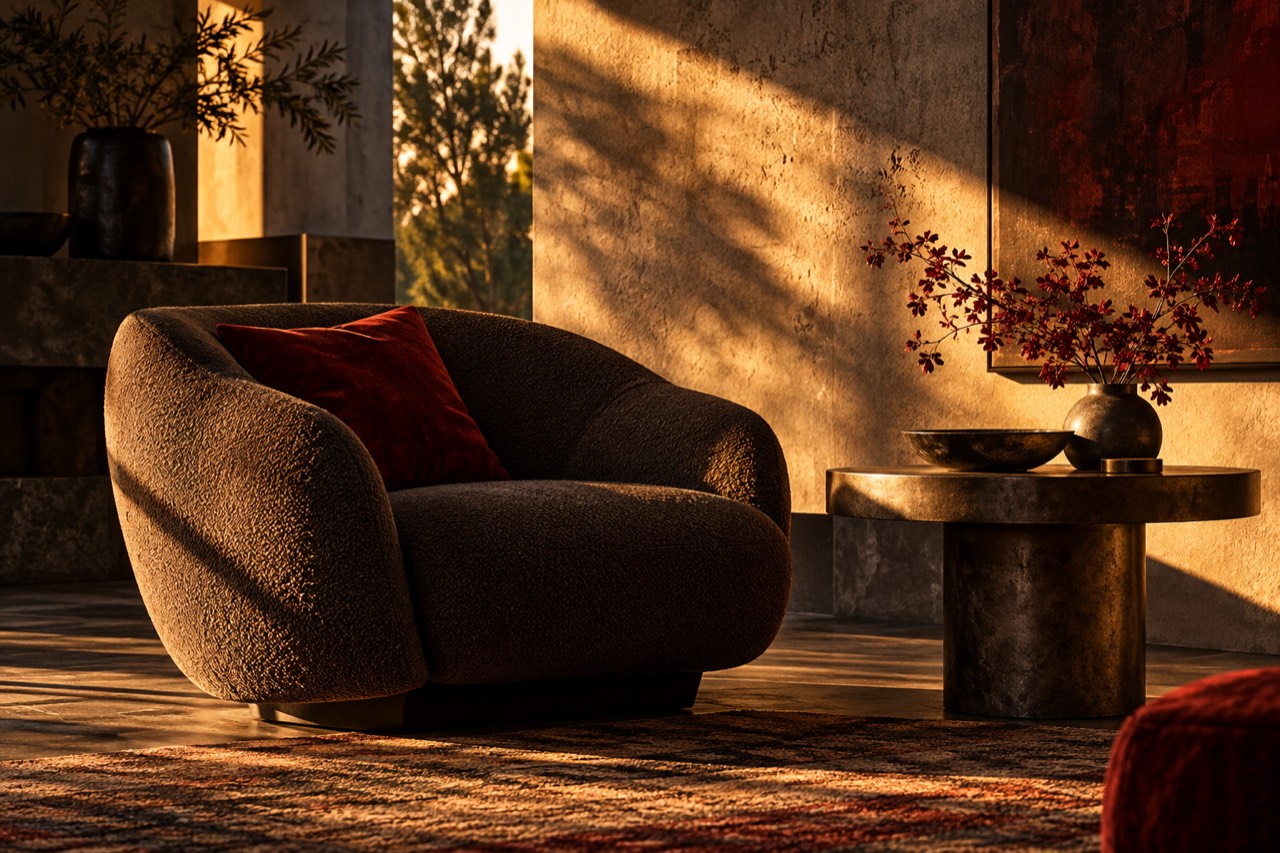 Warm evening light and shadows in a textured interior